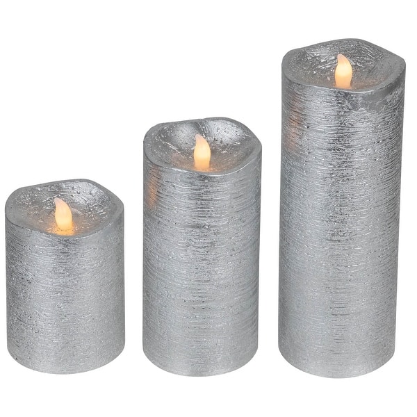 Set of 3 Silver LED Flickering Christmas Flameless Pillar Candles 8